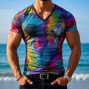 Camiseta de manga corta con cuello en V y estampado animal para hombre