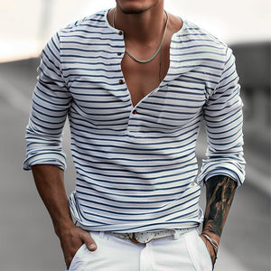 Camiseta informal de manga larga con cuello Henley a rayas para hombre