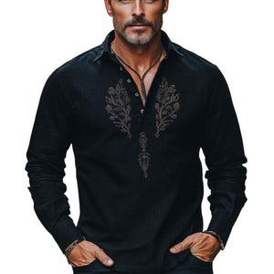Camiseta cómoda de algodón y lino con cuello abotonado bordado para hombre