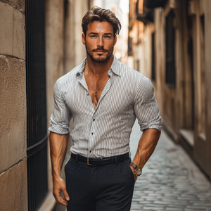 Camisa informal de manga larga entallada con solapa a rayas de mezcla de algodón para hombre