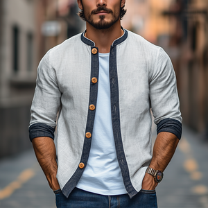 Camisa clásica de manga larga con empalme de algodón y lino retro de moda de primavera para hombre