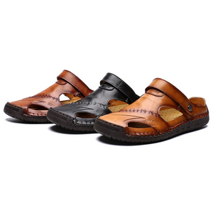Große Herren-Sandalen aus weichem Leder mit geschlossener Zehenpartie und Handnähten