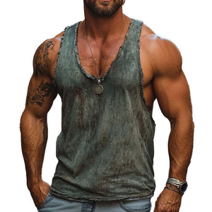 Men's Vintage Distressed Dark Green Casual Tank Top