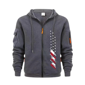CÁRDIGAN DEPORTIVO E CASUAL PARA HOMBRE CON BOLSILLO Y CREMALLERA EN EL BRAZO Y BANDERA DE EE. UU.