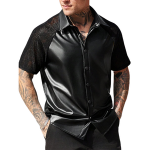 Camisa de cuero de manga corta con panel de encaje para hombre