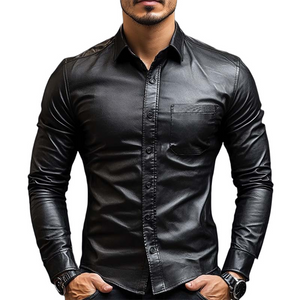 Men's Classic Casual Slim Fit Leather Long Sleeve Shirt