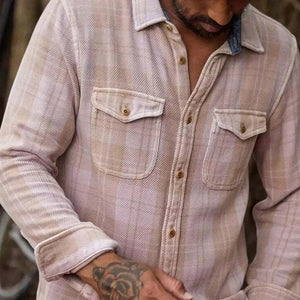 Herren-Langarmhemd im Retro-Stil, rosa kariert, Twill, Slim Fit