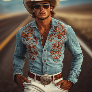 Camisa clásica americana retro estilo western de ante con bordado de manga larga para hombre