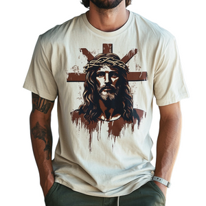 Camiseta retro informal de manga corta con cuello redondo y estampado de Jesús para hombre