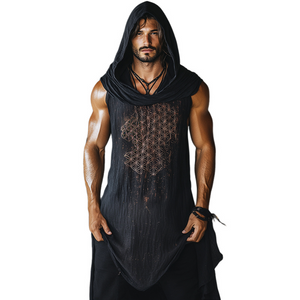 Men's Vintage Casual Linen Flower Of Life Printed Hooded Long Sleeveless Shirt