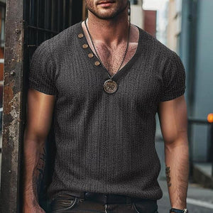 Camiseta informal de manga corta con cuello en V y estampado de cuadros en color liso para hombre