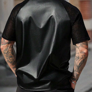 Camisa de cuero de manga corta con panel de encaje para hombre