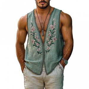 Camiseta sin mangas informal de lino con bordado de flores y cuello en V para hombre, corte entallado