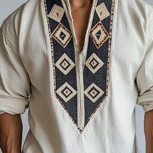 Camisa de manga larga con cuello redondo y estampado bohemio retro para hombre