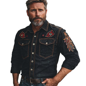 Camisa vaquera de manga larga bordada vintage para hombre