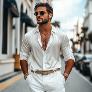 Camisa informal de manga larga de satén brillante para hombre