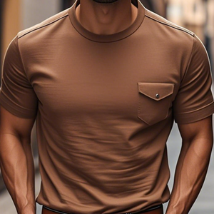 Camiseta informal de algodón de manga corta con cuello redondo y bolsillo en el pecho para hombre