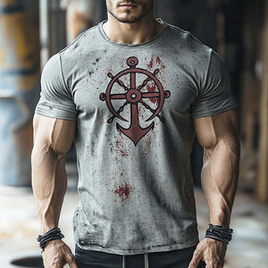 Camiseta informal de manga corta y cuello redondo con estampado retro de ancla náutica para hombre