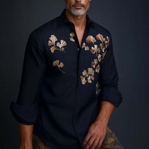 Camisa informal de negocios de manga larga con bordado de primavera para hombre