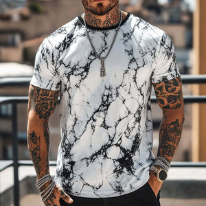 Camiseta retro informal de manga corta con cuello redondo y estampado de grietas para hombre