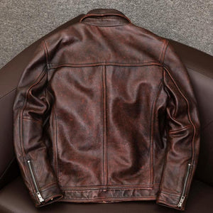 Chaqueta de cuero vintage con solapa y doble bolsillo en el pecho para hombre
