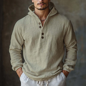 Sudadera con capucha de manga larga de algodón y lino color blanco roto para hombre, agradable para la piel