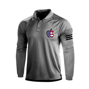 POLO DE MANGA LARGA RAGLÁN CON BOTÓN 1/4 Y ESTAMPADO DE MANZANA Y BANDERA DE EE. UU.