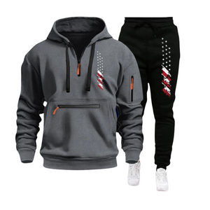 SUDADERA CON CAPUCHA PARA HOMBRE, DEPORTIVA, CASUAL, CON BANDERA DE EE. UU., MÚLTIPLES CREMALLERAS Y BOLSILLO EN EL BRAZO