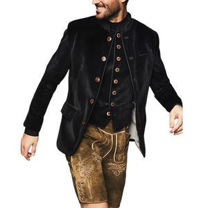 Chaqueta entallada de terciopelo con cuello alto y botonadura sencilla para hombre, color negro
