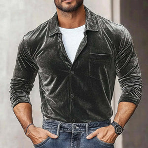 Camisa de manga larga con solapa de terciopelo para hombre