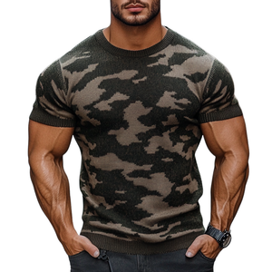 Herren Outdoor Camouflage Jacquard Rundhals Slim Fit Gestricktes Kurzarm-Pullover-T-Shirt