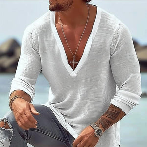 Camiseta informal de algodón y lino con cuello en V y manga larga holgada para hombre