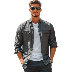 Camisa informal de manga larga de algodón y lino gris oscuro, agradable para la piel, para hombre