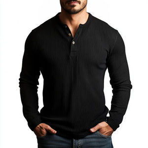 Camiseta informal de manga larga ajustada con cuello Henley y rayas acanaladas para hombre