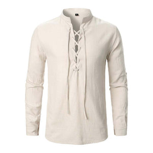 Camisa informal de manga larga con cordones de algodón y lino para hombre