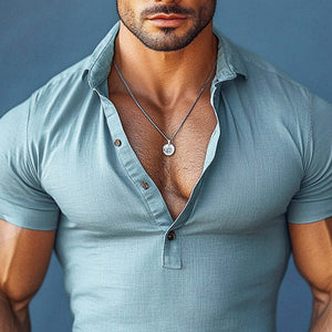 Camisa informal de manga corta con solapa de algodón y lino para hombre