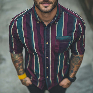 Camisa de manga larga con solapa y estampado de rayas retro informal para hombre