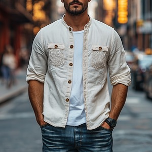 Camisa de manga larga de algodón y lino con bolsillo de encaje personalizado para hombre, moda de primavera