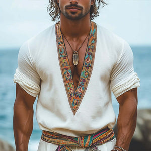 Camiseta informal de manga larga con cuello en V y bordado retro para hombre