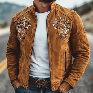 Chaqueta clásica americana retro de ante con bordados del oeste para hombre