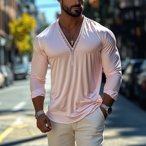 Camiseta de manga larga con escote en V profundo, informal, sexy, de encaje y satén para hombre