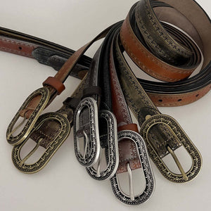 Men's Vintage Distressed Engraved Embossed Genuine Leather Belt