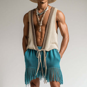 Men's Spring Fashion Towel Cloth Lace Up Sleeveless Shorts Set