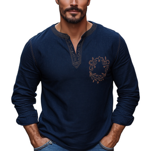 Camiseta de manga larga con cuello en V y bordado vintage de algodón y lino azul marino para hombre