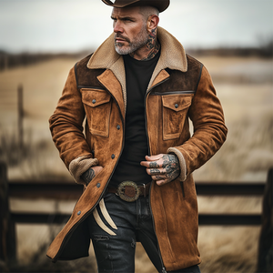 Chaqueta de exterior vintage de ante con patchwork de lana de cordero y múltiples bolsillos con cuello invertido para hombre