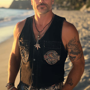 Chaleco vaquero desgastado, lavado y bordado retro de verano para hombre