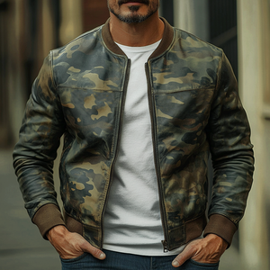 Chaqueta de béisbol de cuero con camuflaje informal para hombre