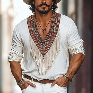 Men's Vintage Embroidered Deep V Neck Cotton Tassel T-Shirt