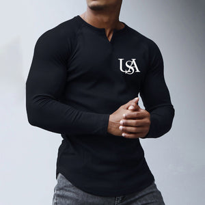 CAMISETA DE MANGA LARGA CON CUELLO HENLEY Y GRÁFICO WAFFLE DE EE. UU.