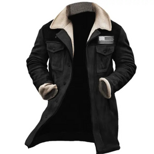 Chaqueta de exterior con cuello invertido y múltiples bolsillos de ante vintage con parches de cordero y bandera de EE. UU. para hombre